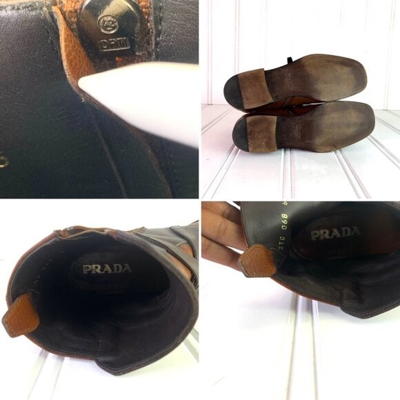PRADA SAFFIANO BROWN SHOE  2 TONE POLISH LEATHER ANKLE BOOTS BLOCK STRAPPY MEN 6 - Picture 15 of 17